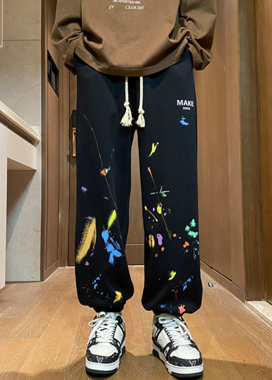 Black Print Warm Fleece Spring Beam Pants Elastic Waist