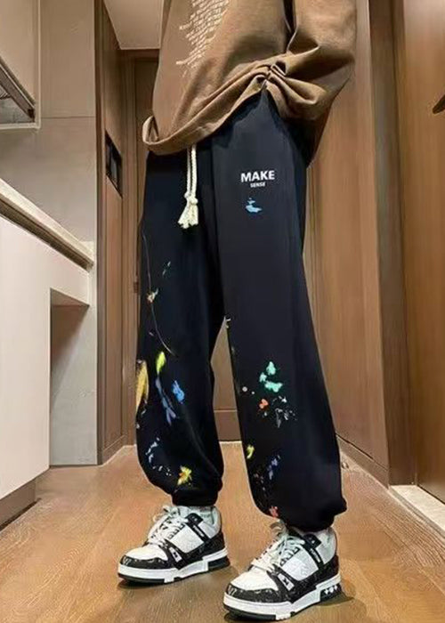 Black Print Warm Fleece Spring Beam Pants Elastic Waist