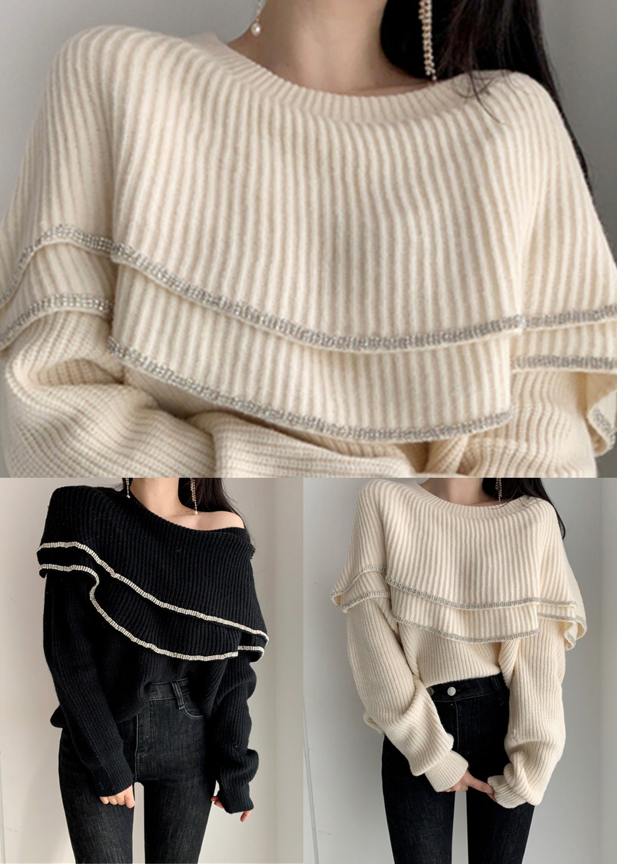 Black Ruffled Patchwork Knit Winter Sweaters O Neck