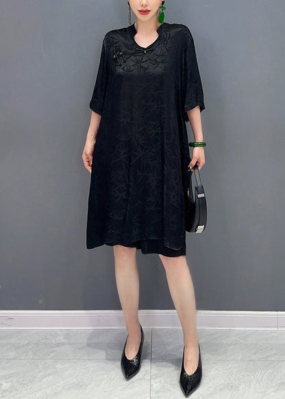 Black Shirts and Shorts Silk Two Pieces Set Chinese Button Summer