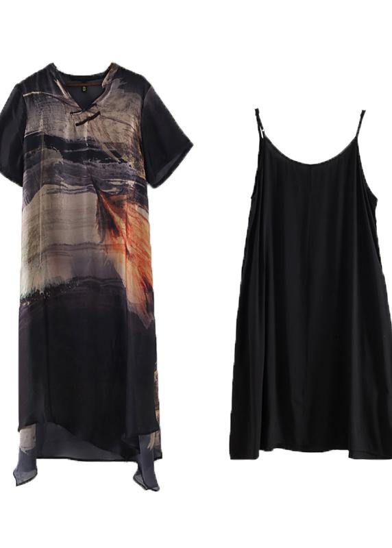Black Silk Large Irregular Print Dress