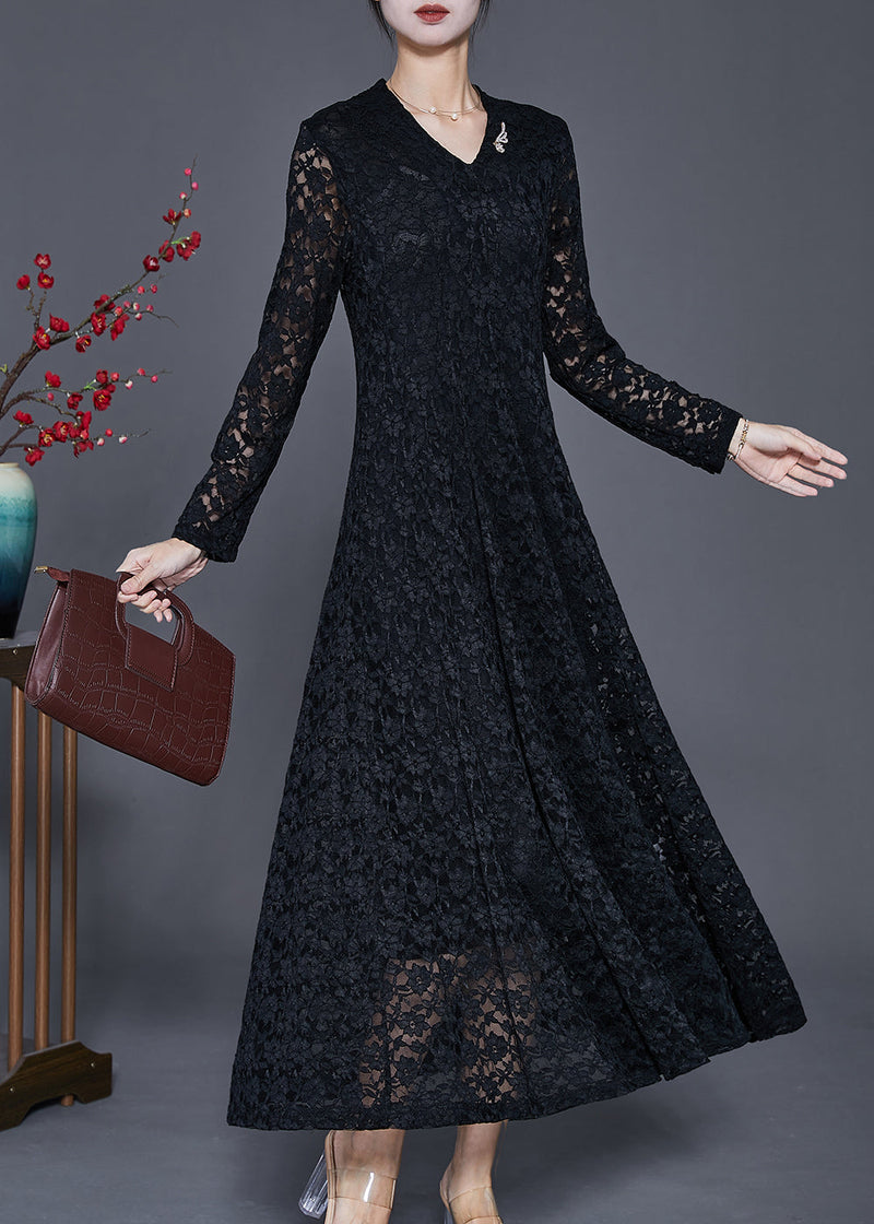 Black Silm Fit Lace a Line Dresses Hollow Out Spring