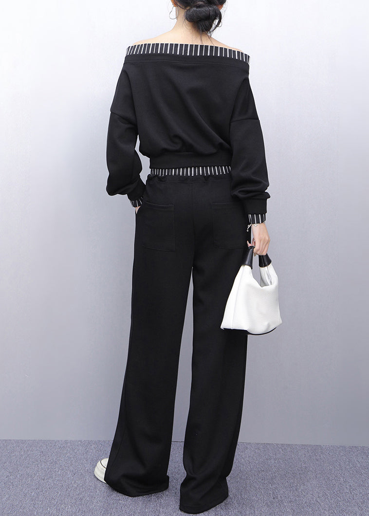 Black Slash Neck Top and Wide Leg Pants Two Pieces Set Fall