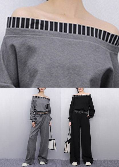Black Slash Neck Top and Wide Leg Pants Two Pieces Set Fall