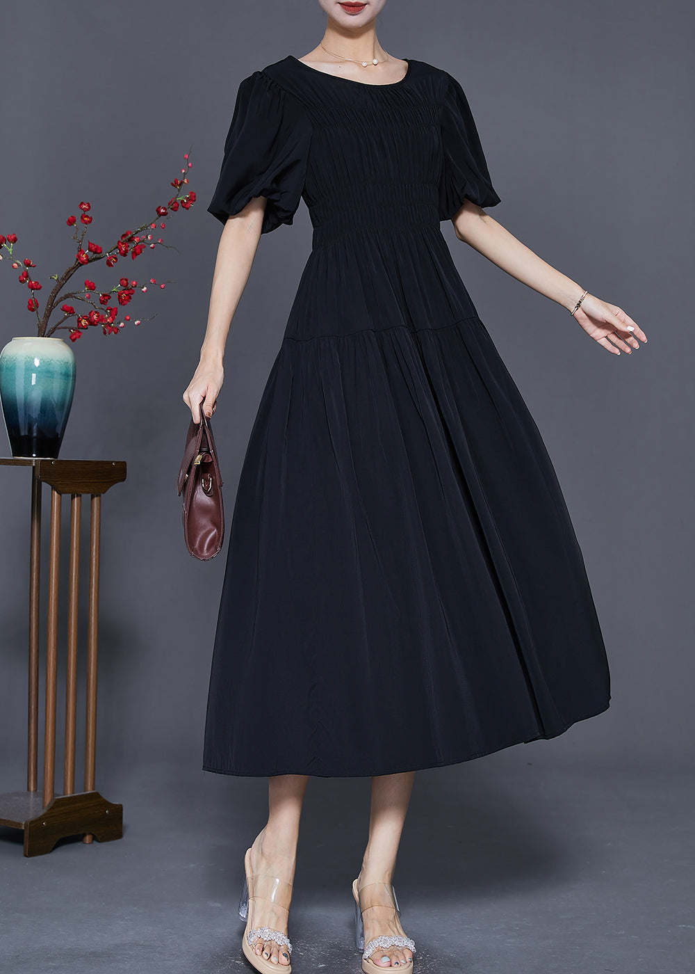 Black Slim Fit Cotton Dresses O-neck Cinched Puff Sleeve