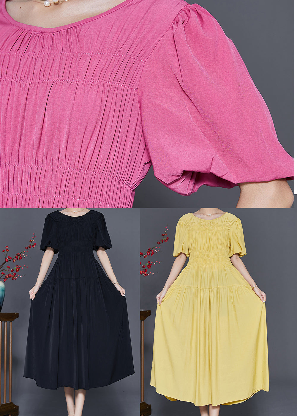 Black Slim Fit Cotton Dresses O-neck Cinched Puff Sleeve