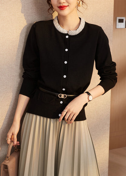 Black Slim Fit Wool Knit Cardigan O-neck Nail Bead Spring