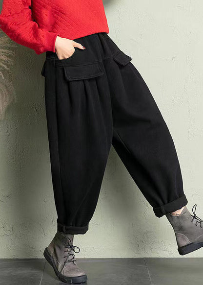 Black Cotton Harem Pants Elastic Waist Spring