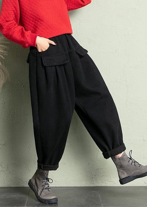 Black Cotton Harem Pants Elastic Waist Spring