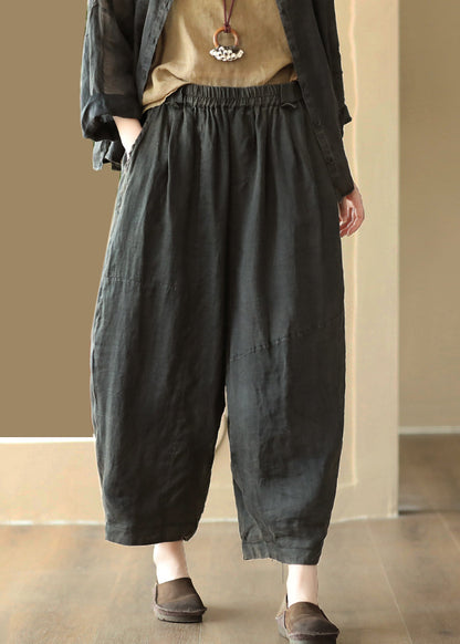 Black Cozy Linen Wide Leg Pants Elastic Waist Summer
