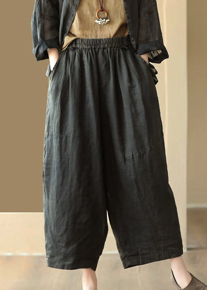 Black Cozy Linen Wide Leg Pants Elastic Waist Summer