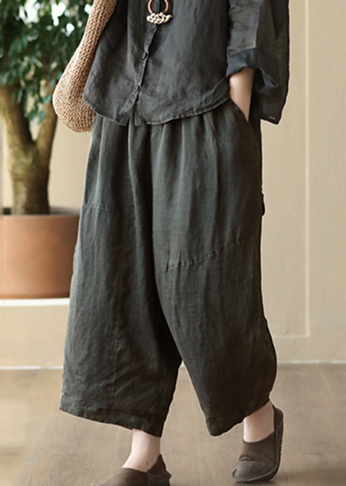 Black Cozy Linen Wide Leg Pants Elastic Waist Summer