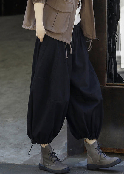 Black Drawstring Cotton Lantern Pants High Waist