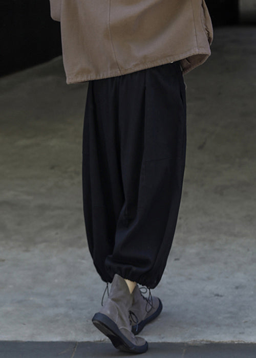Black Drawstring Cotton Lantern Pants High Waist