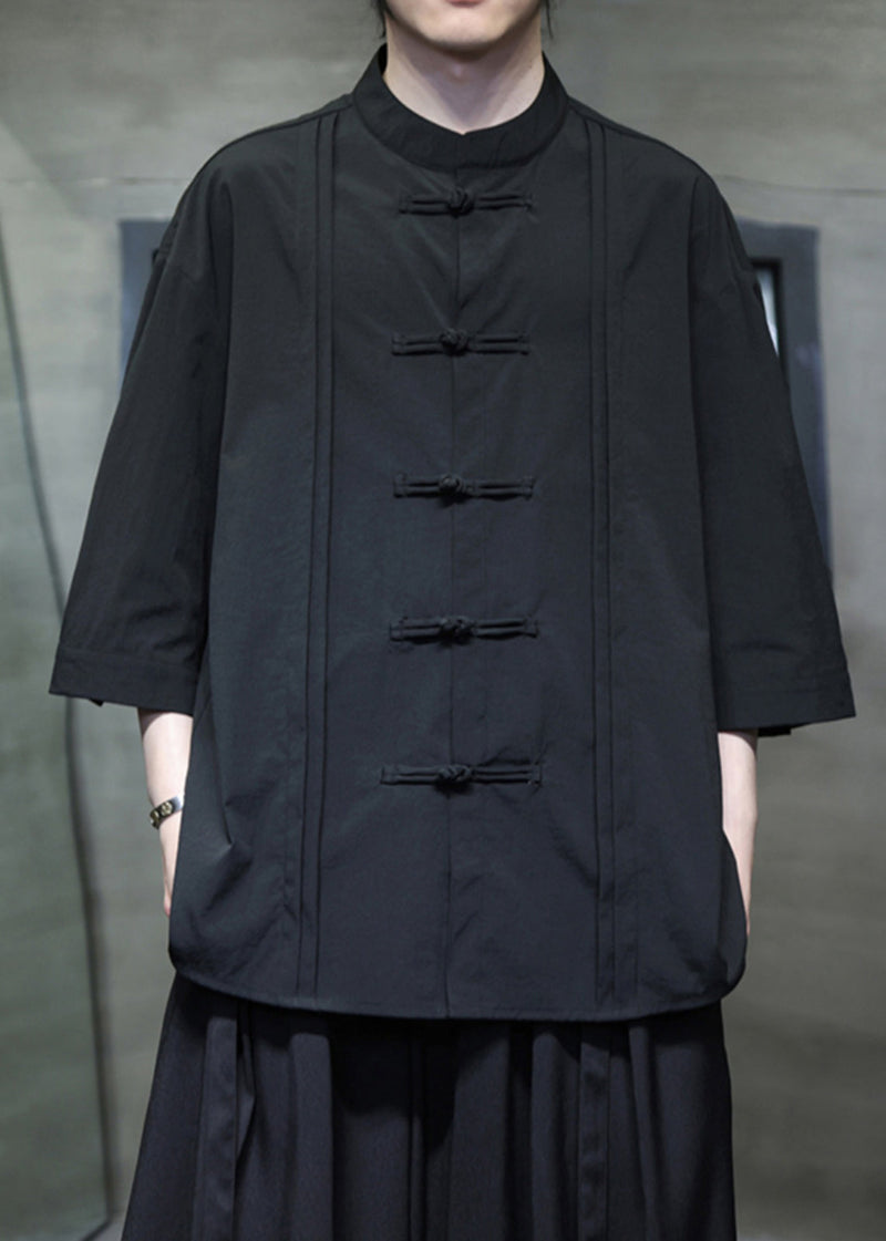 Black Loose Silk Cotton Shirt Stand Collar Fall