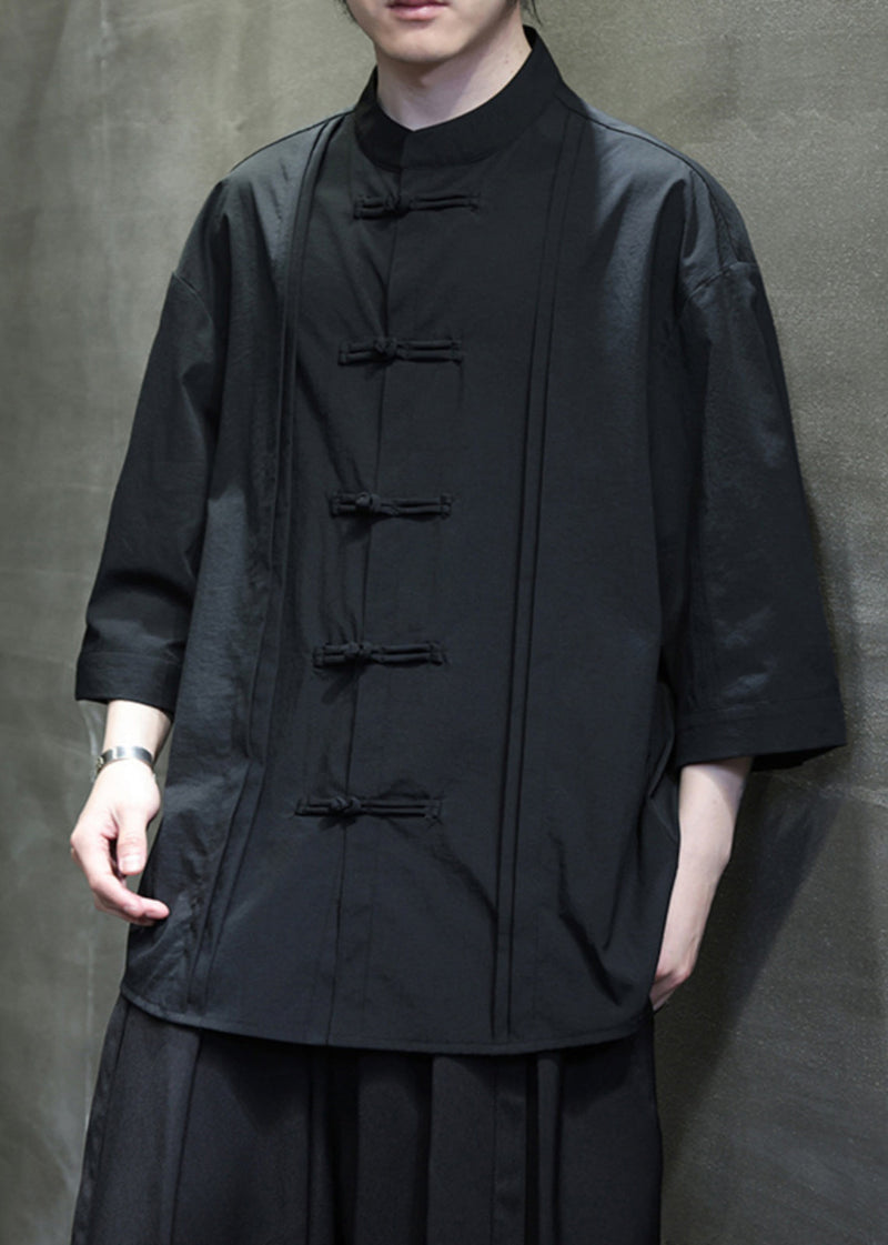 Black Loose Silk Cotton Shirt Stand Collar Fall