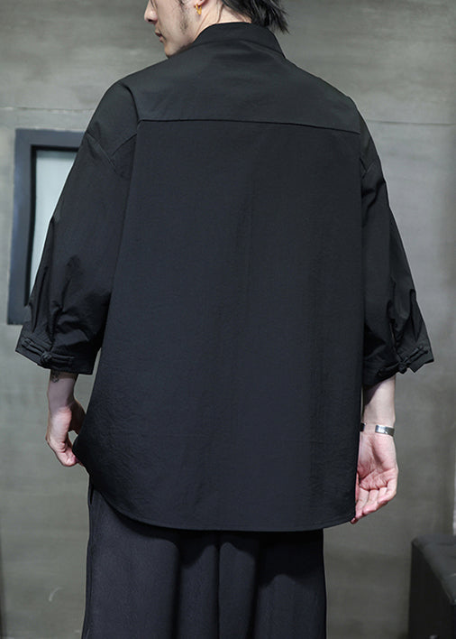 Black Loose Silk Cotton Shirt Stand Collar Fall