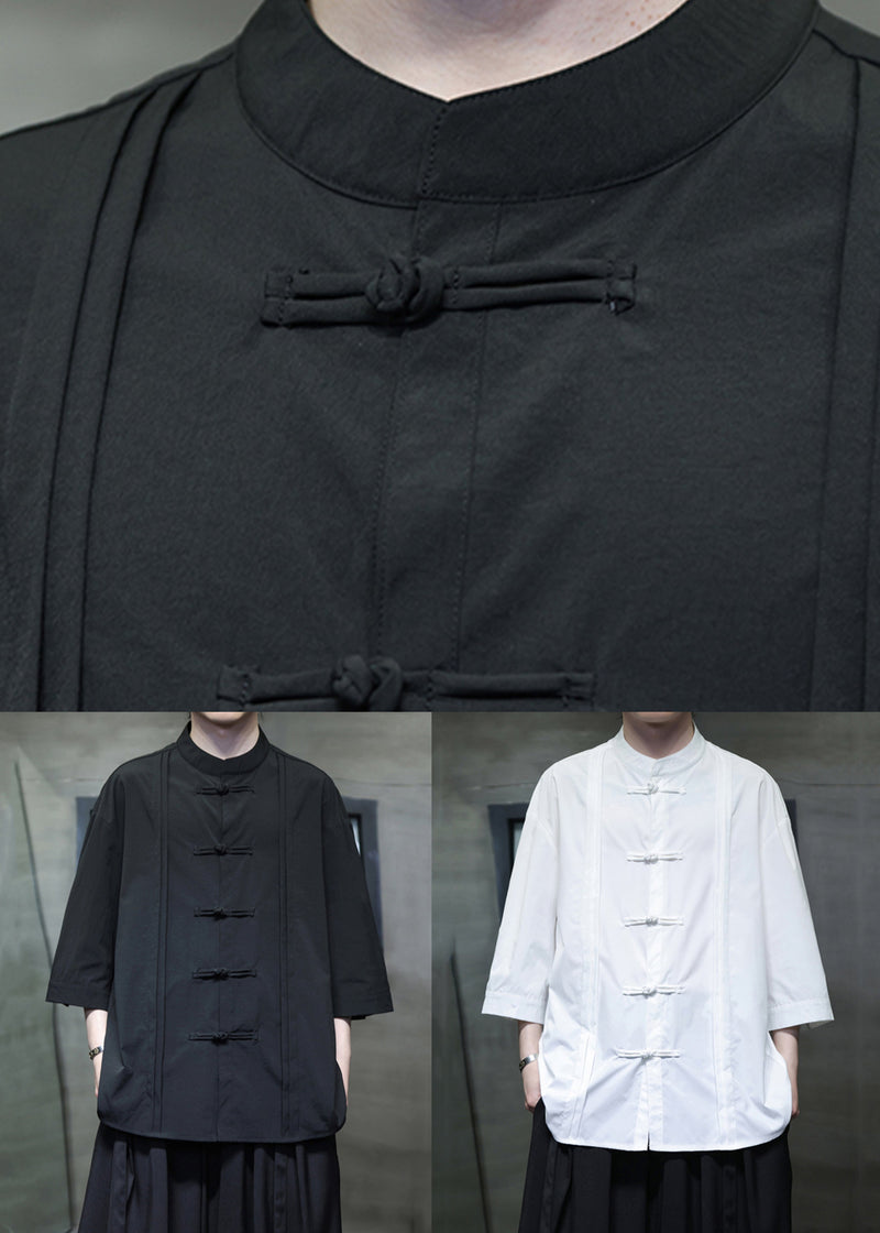 Black Loose Silk Cotton Shirt Stand Collar Fall