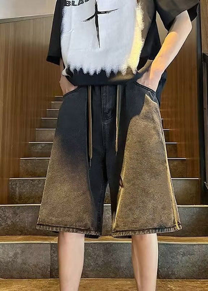 Black Patchwork Denim Shorts Elastic Waist