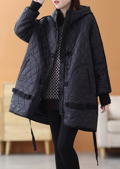 Black Patchwork Thick Parka Zip Up Long Sleeve
