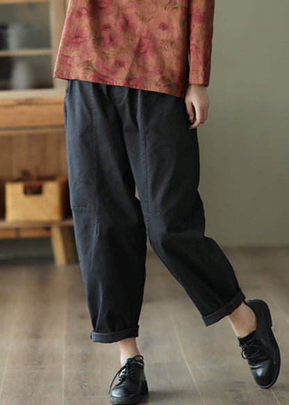 Black Pockets Cotton Crop Pants Elastic Waist