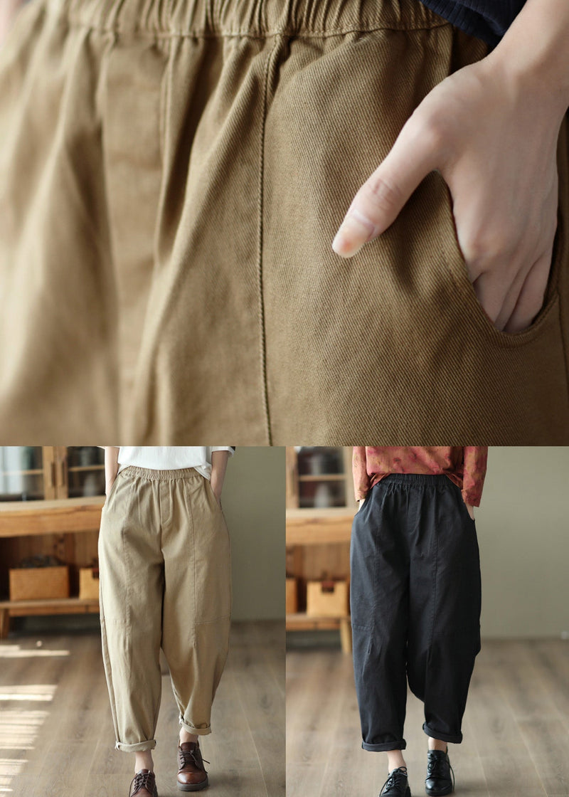 Black Pockets Cotton Crop Pants Elastic Waist