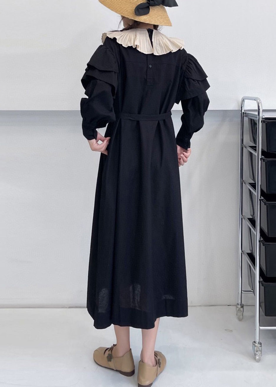 Black Pockets Cotton Dress Ruffled Summer
