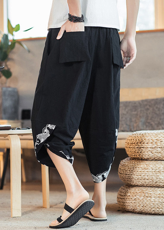 Black Pockets Cotton Crop Pants High Waist Summer