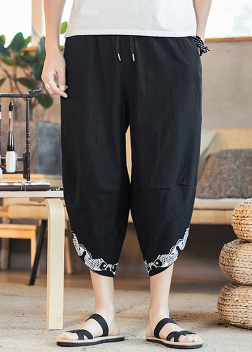 Black Pockets Cotton Crop Pants High Waist Summer