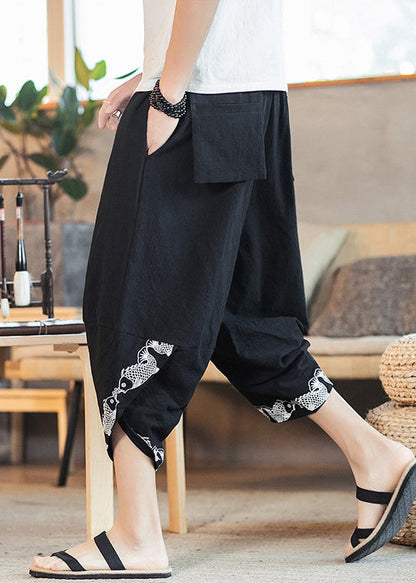 Black Pockets Cotton Crop Pants High Waist Summer