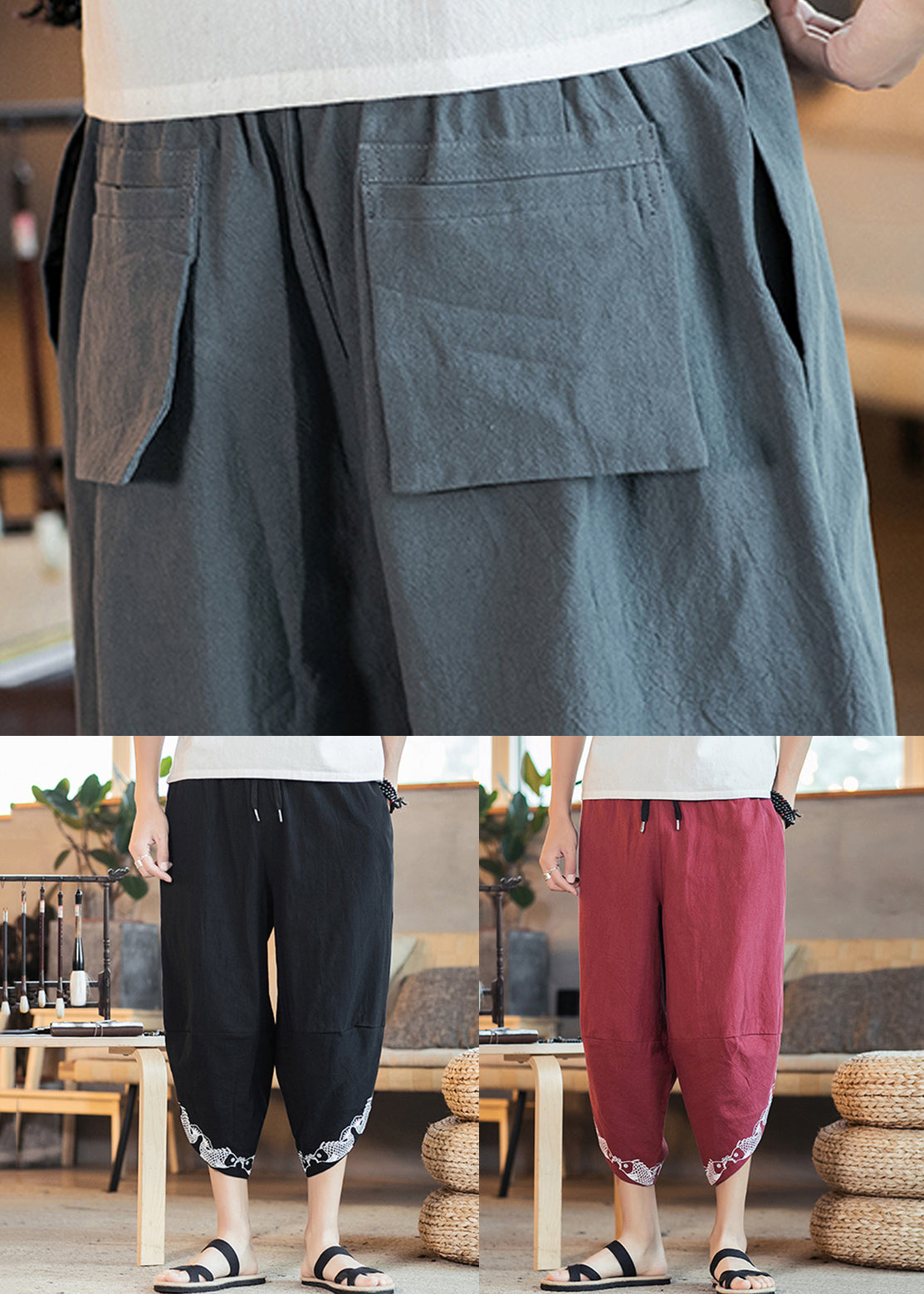 Black Pockets Cotton Crop Pants High Waist Summer