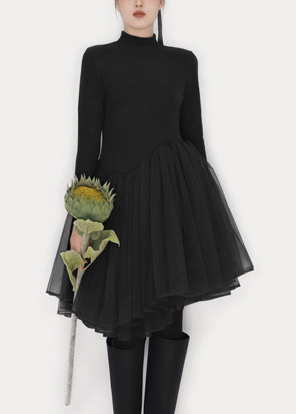 Black Tulle Patchwork Winter Mini Dresses Turtleneck