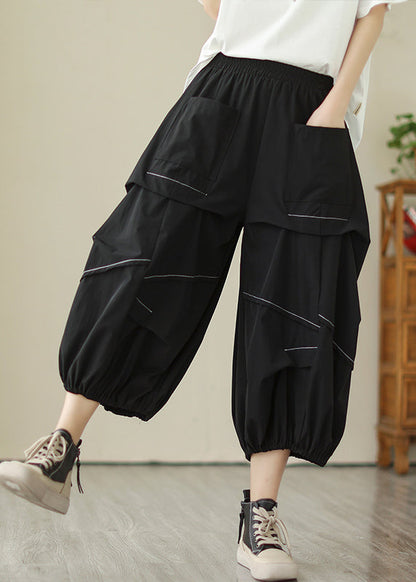 Black Wrinkled Cotton Crop Pants High Waist Summer