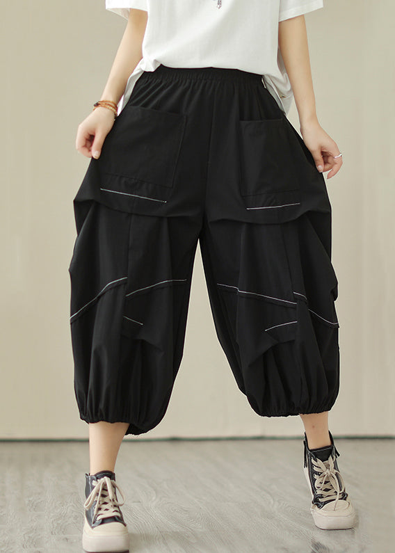 Black Wrinkled Cotton Crop Pants High Waist Summer