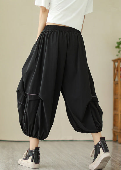 Black Wrinkled Cotton Crop Pants High Waist Summer