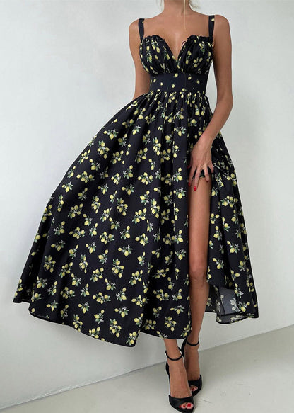 Black Square Collar High Waist Maxi Spaghetti Strap Dress Summer