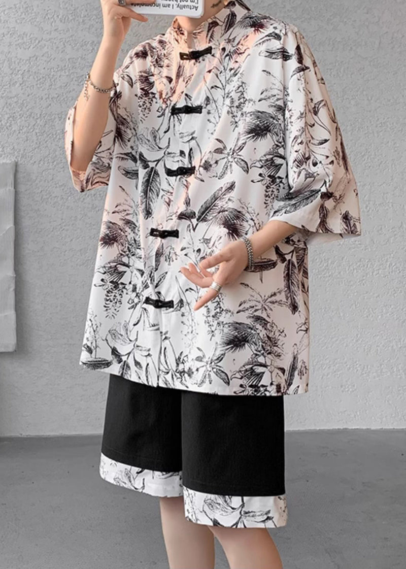 Black Stand Collar Button Shirt and Shorts Two Pieces Set Short Sleeve