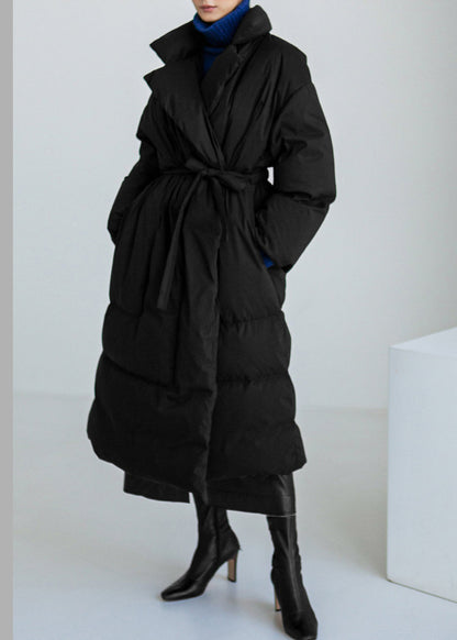 Black Stand Collar Tie Waist Parka Long Sleeve