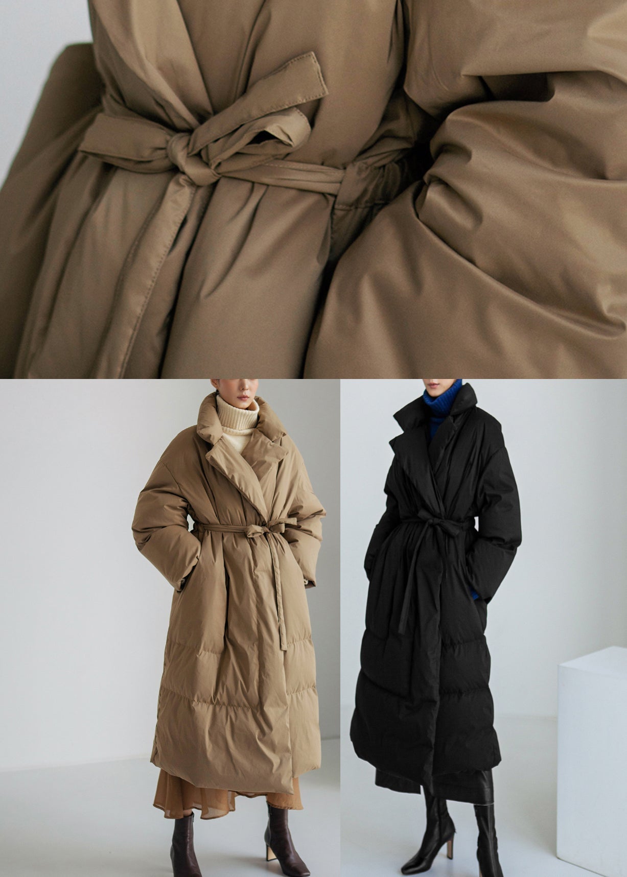 Black Stand Collar Tie Waist Parka Long Sleeve
