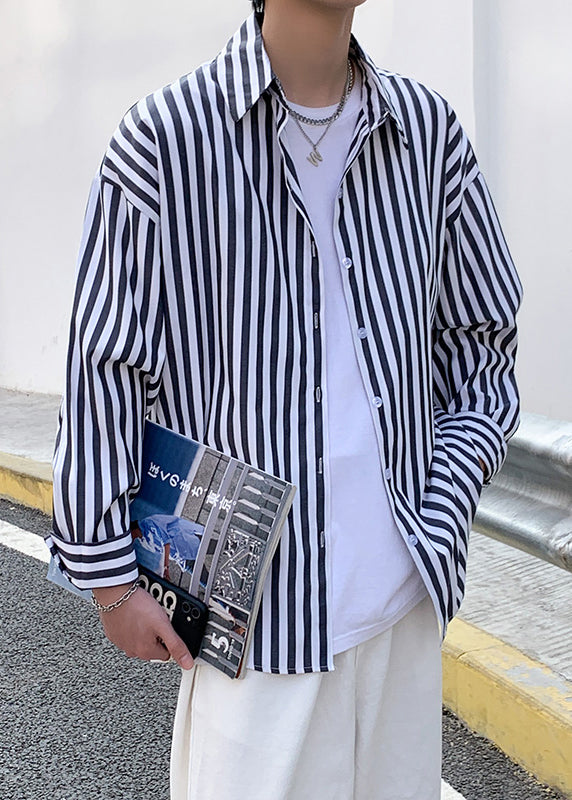 Black Striped Button Cotton Men's Shirts Peter Pan Collar Spring