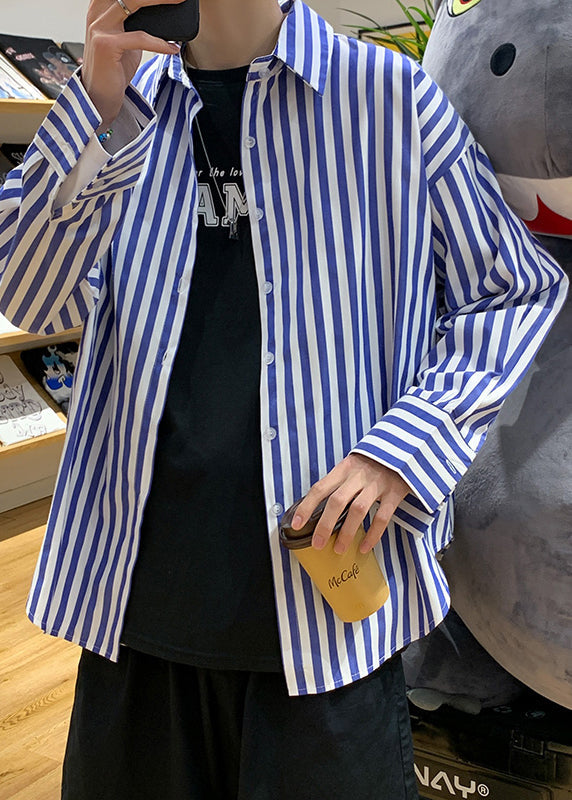 Black Striped Button Cotton Men's Shirts Peter Pan Collar Spring
