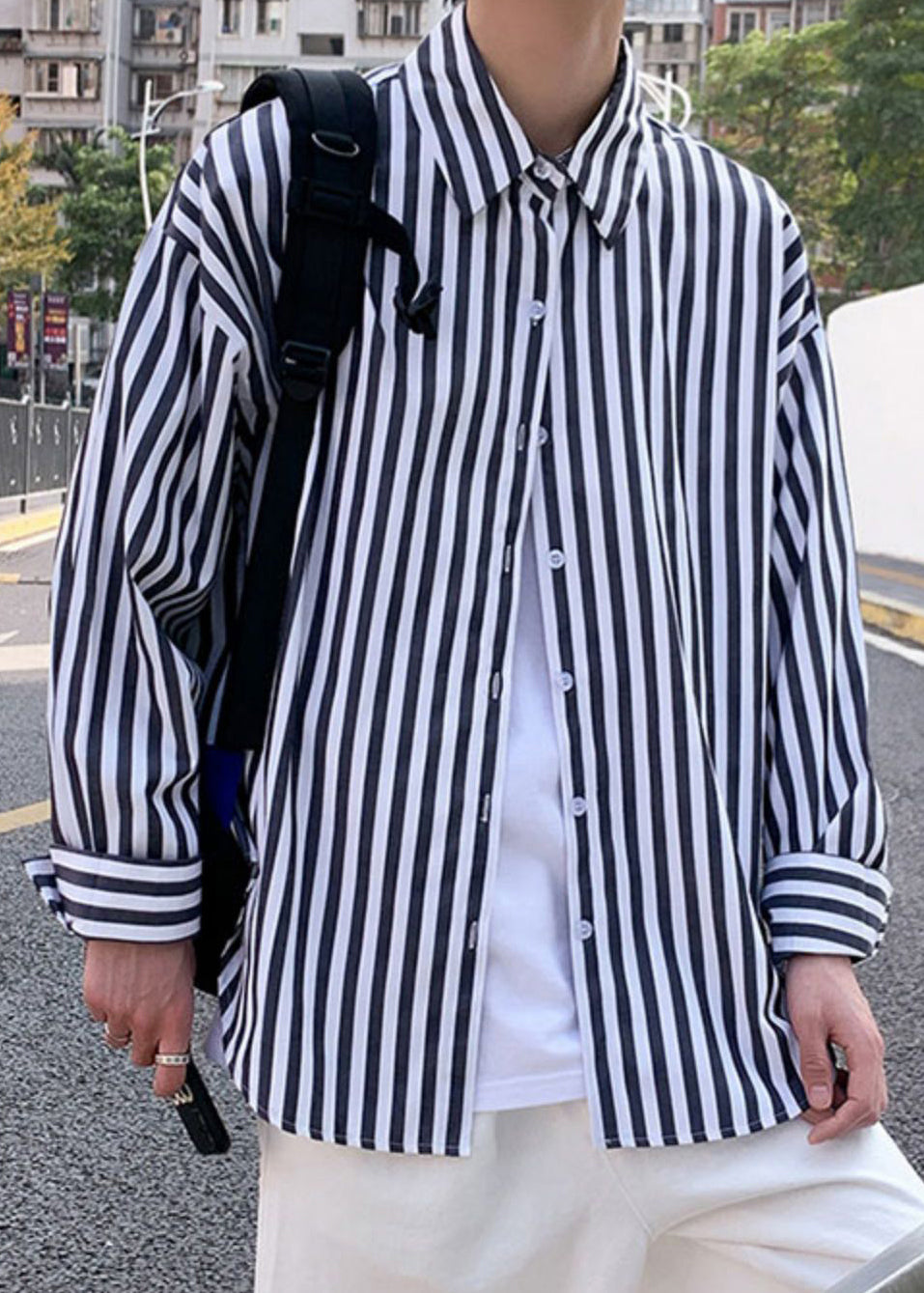 Black Striped Button Cotton Men's Shirts Peter Pan Collar Spring
