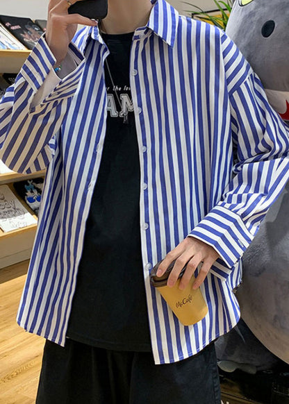 Black Striped Button Cotton Men's Shirts Peter Pan Collar Spring