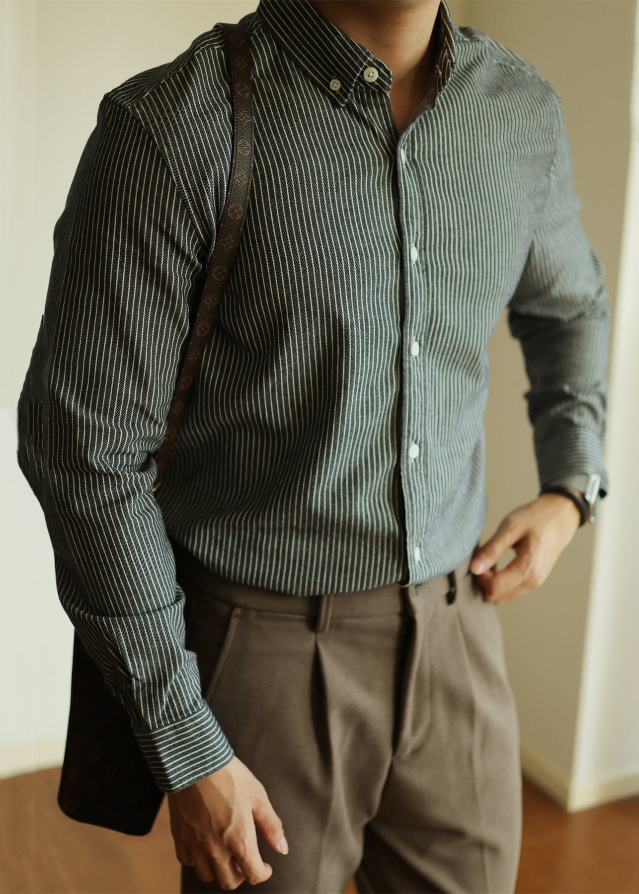 Black Striped Button Cotton Shirt Men Peter Pan Collar Fall