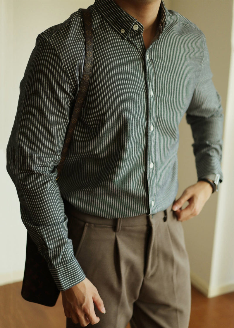 Black Striped Button Cotton Shirt Peter Pan Collar Fall