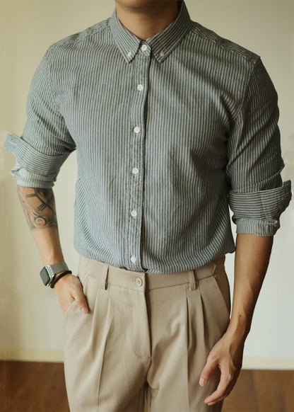 Black Striped Button Cotton Shirt Men Peter Pan Collar Fall