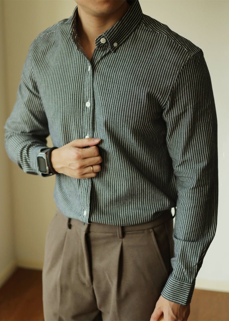 Black Striped Button Cotton Shirt Peter Pan Collar Fall