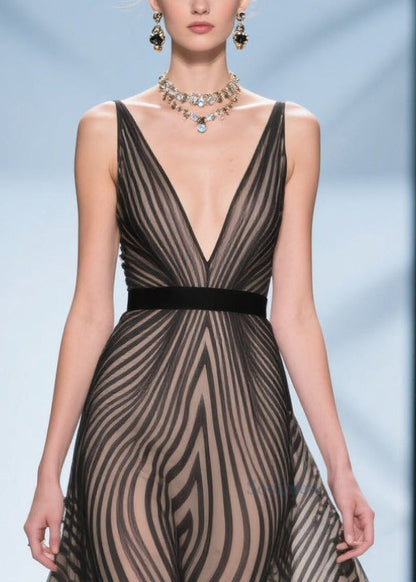 Black Striped Chiffon Dinner Dresses V Neck Exra Large Hem Summer