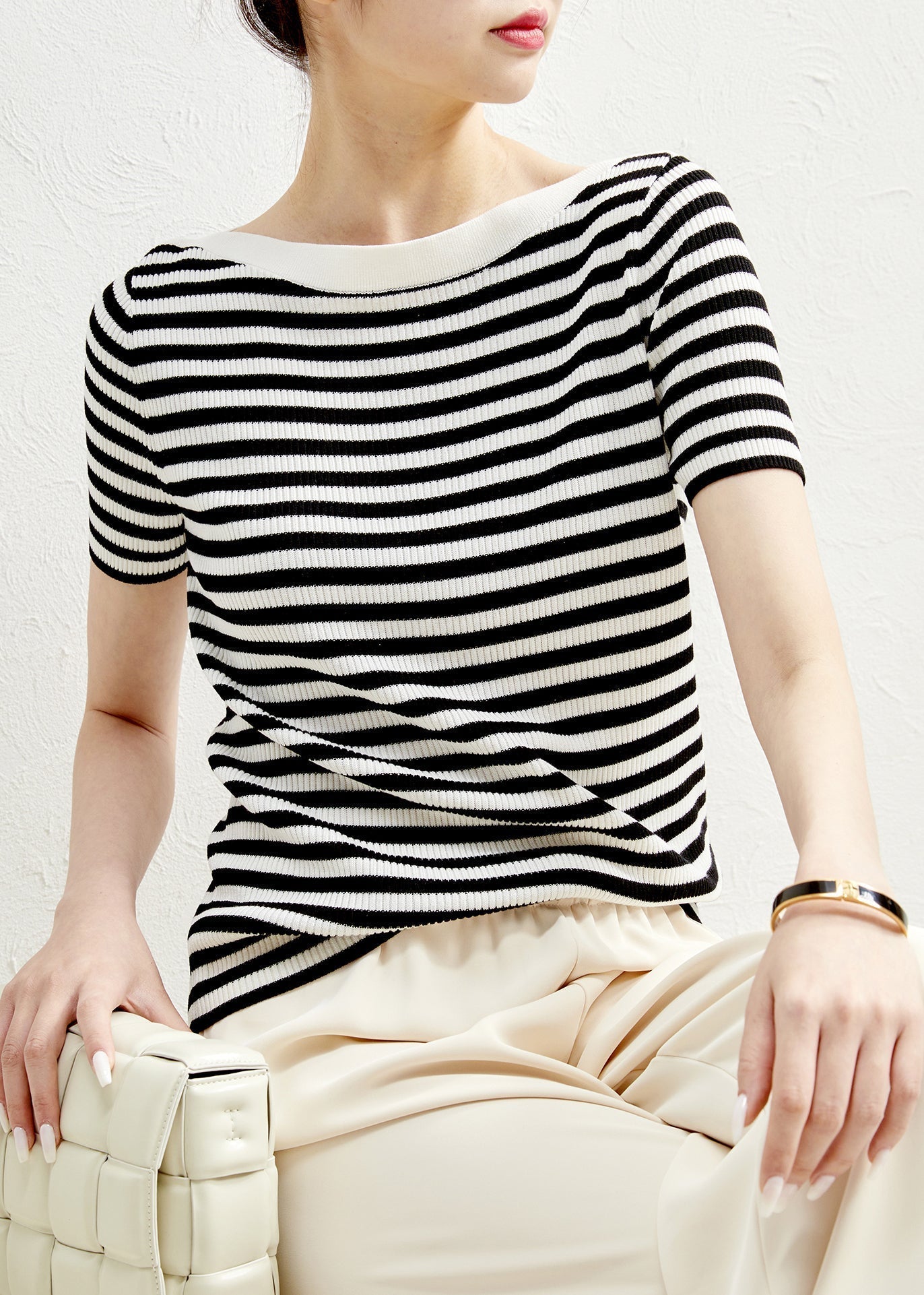 Black Striped O-neck Silk Knit T Shirts Sleeve