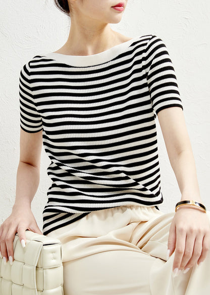 Black Striped O-neck Silk Knit T Shirts Sleeve